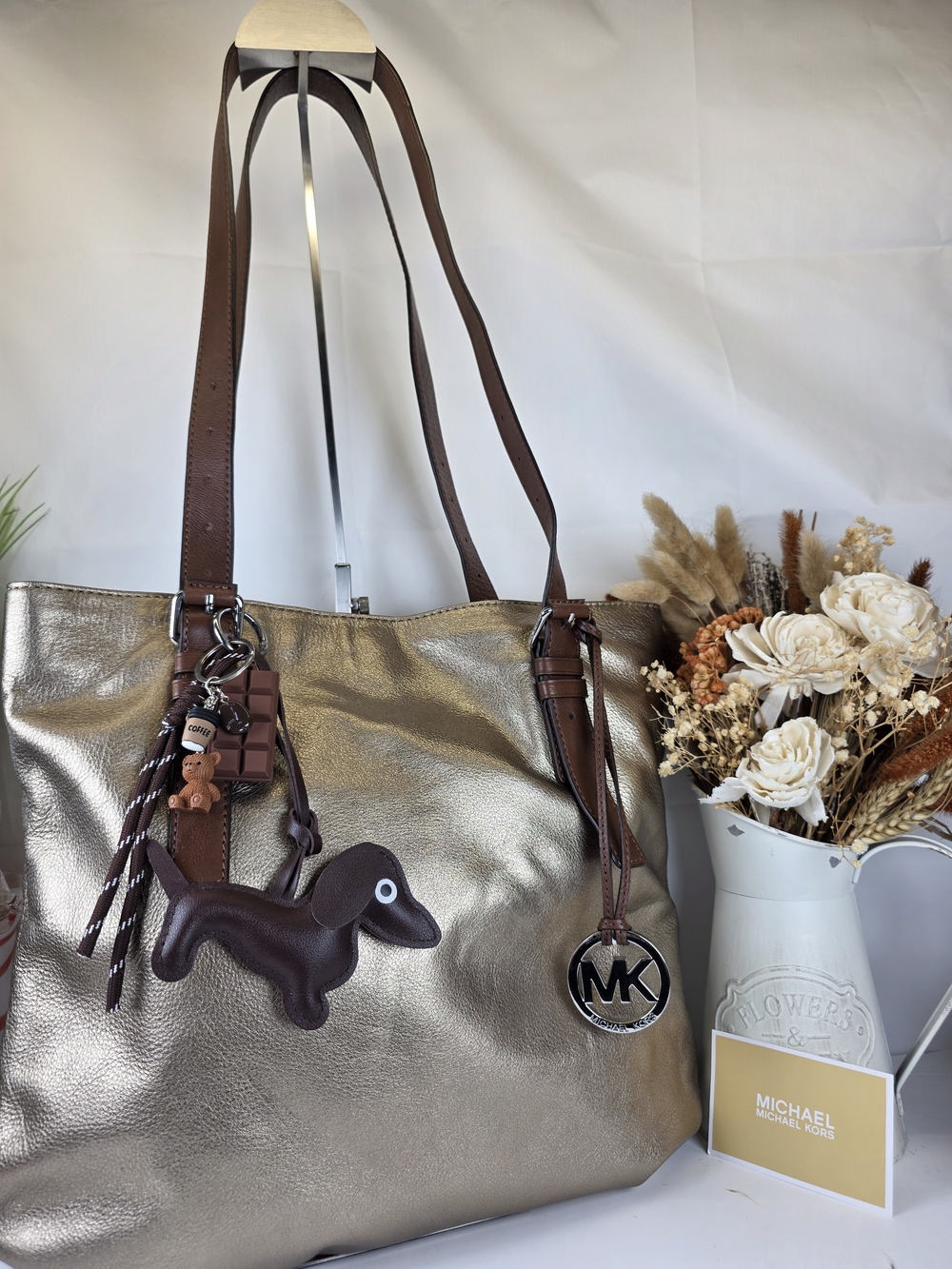 Michael Kors Metallic Gold Tote Shoulder Bag Brown Leather Straps Fall
